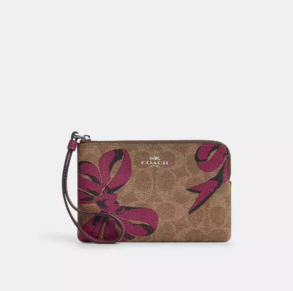 Coach Corner Zip Wristlet -CZ440 Tan Signature Coated Canvas w/Pink Bows NWT